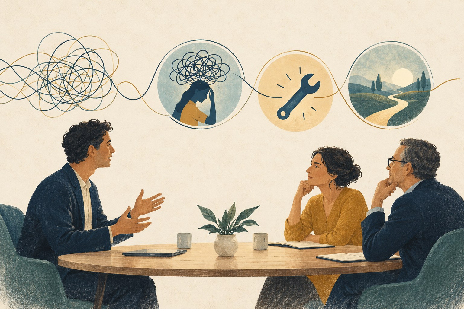 Conceptual illustration of a founder explaining a business to two attentive listeners