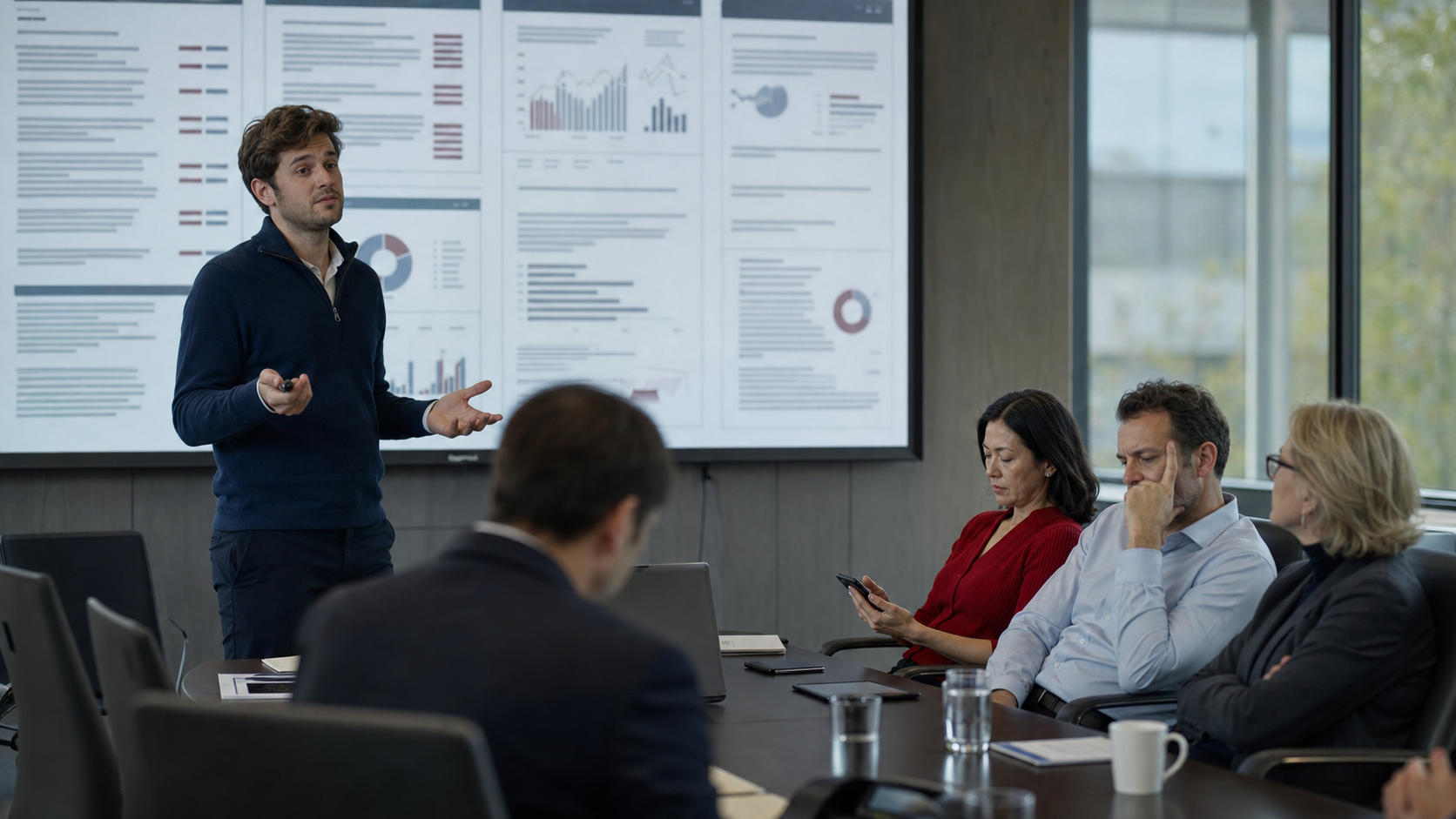 Founder presenting a dense slide deck to distracted investors